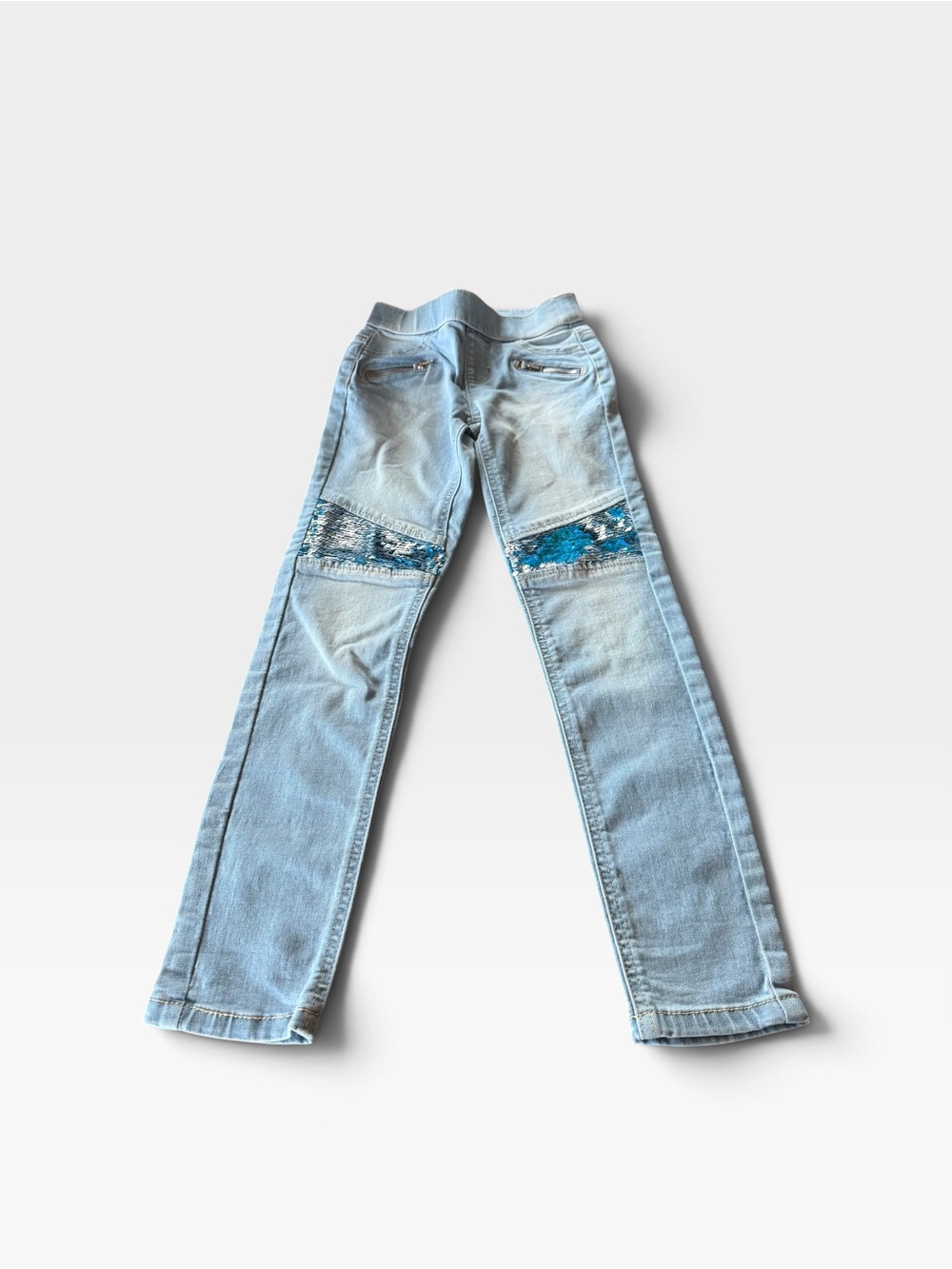 Justice Girls Mid Rise Denim Leggings Light Wash Size 8 Slim Sequins Casual